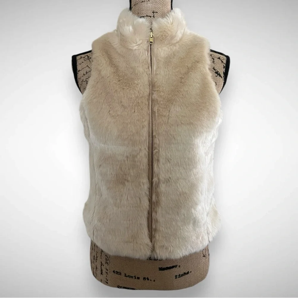 LANDS’ END Girls Faux Fur‎ Beige Full Zip Vest Medium | NWT